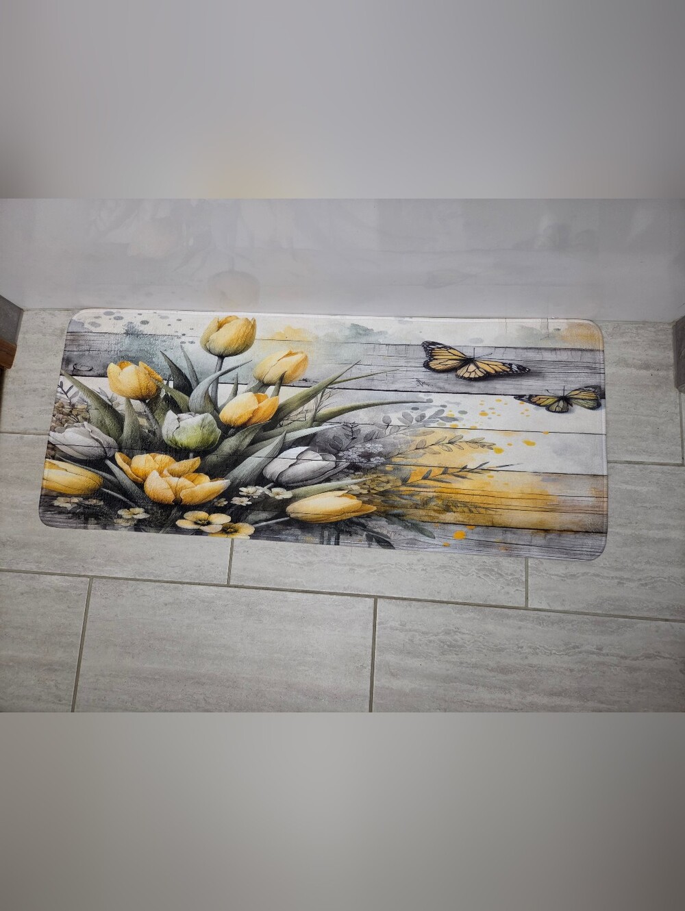 Floral Tulip and Butterfly Oversize Memory Foam Mat in Yellow and Gray